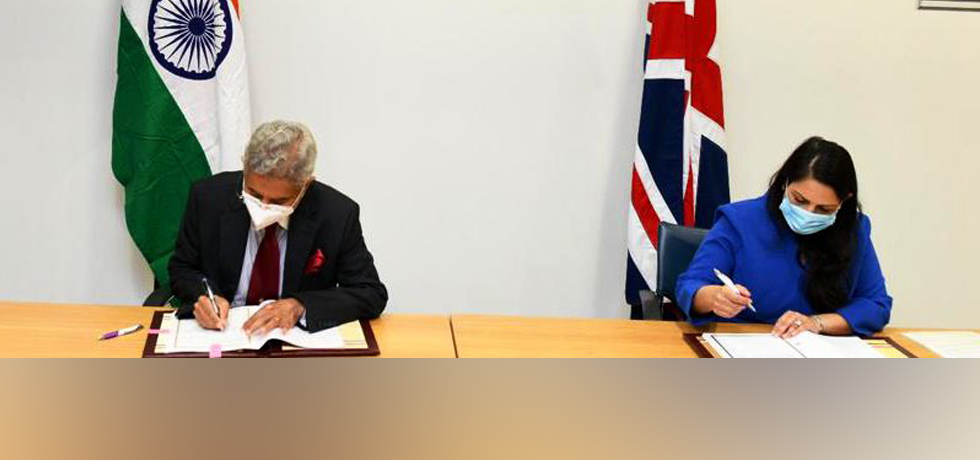 External Affairs Minister and Rt Hon Priti Patel MP, Secretary of State for the Home Department, U.K. sign the Migration and Mobility Partnership Agreement in U.K.